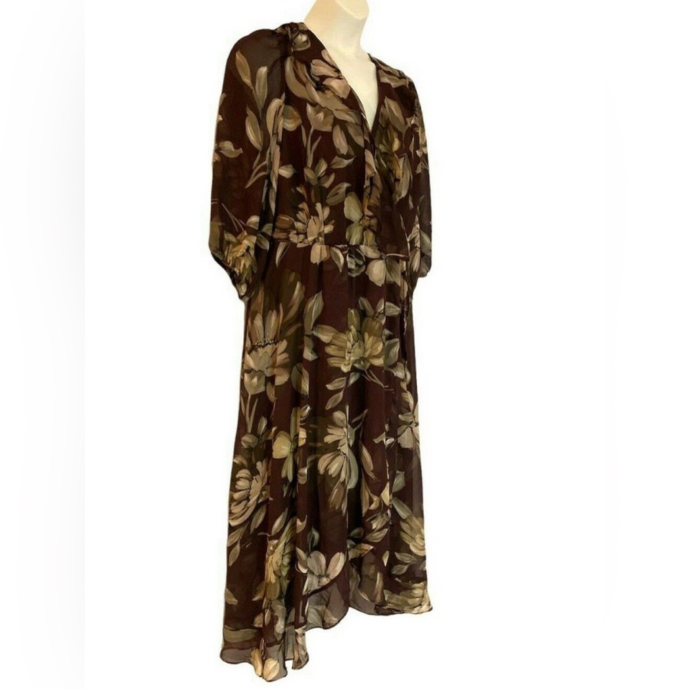 size 22W Gabby Skye Chiffon Wrap Plum Taupe Floral Puff Sleeve Midi Dress - Picture 2 of 10